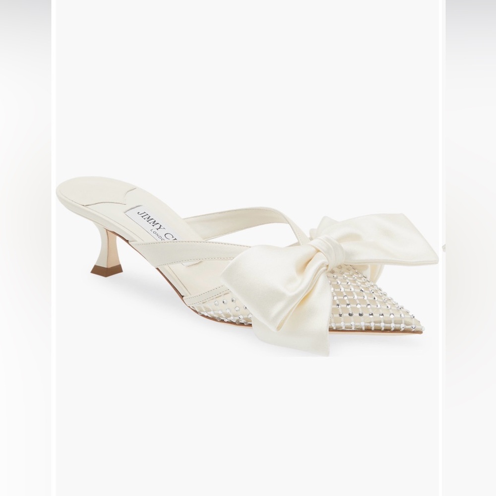 Jimmy Choo Ivory Flaca Bow & Crystal Embellished Pointed Toe Mules, dust bag